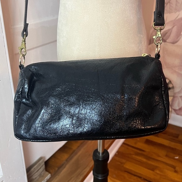 ELLIOTT LUCCA BLACK CRINKLE LEATHER CROSSBODY BAG WOVEN FRONT - Picture 2 of 14